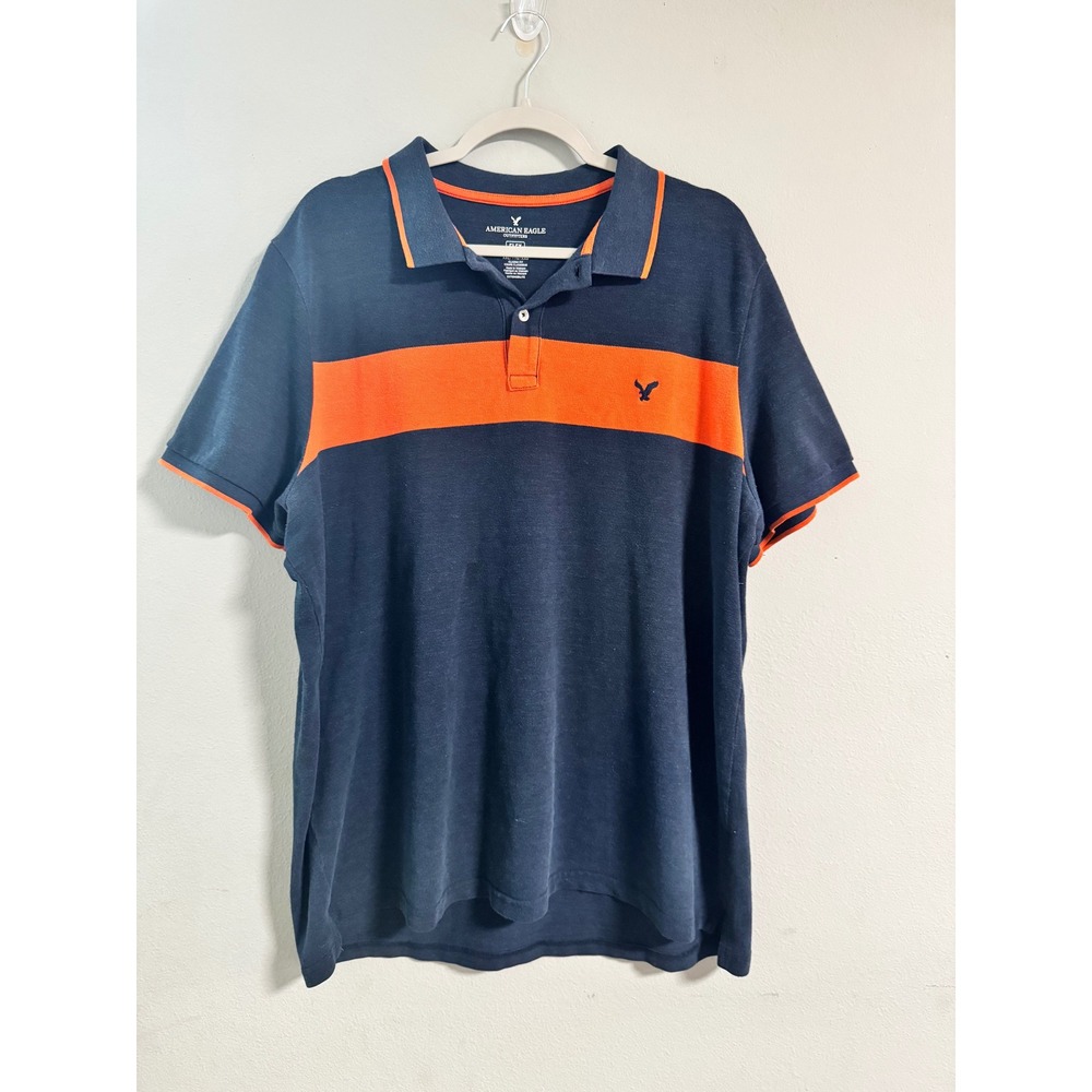 American Eagle Mens XXL Flex Polo Shirt Navy‎ Blue Orange Stripe Classic Fit